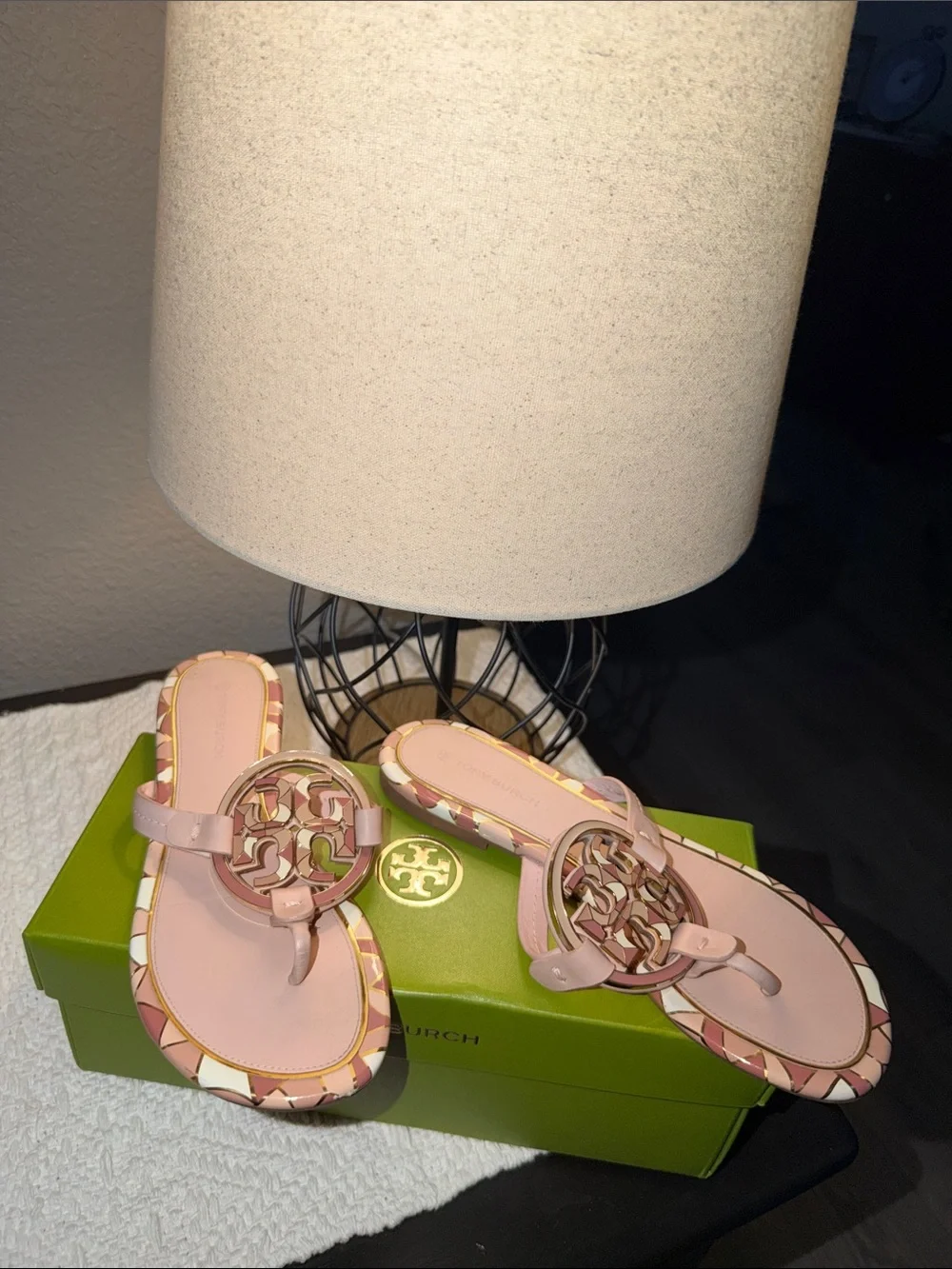 Tory Burch Blush Pink Miller Logo Thong Sandals with Patterned Trim